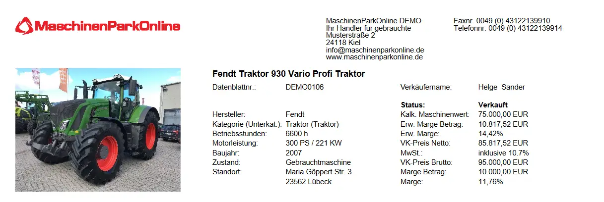 Maschinenliste mit Einkaufsinformationen