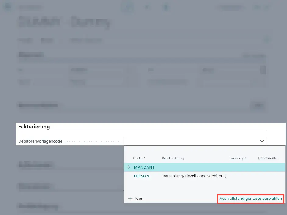 Debitorenvorlagencode definieren