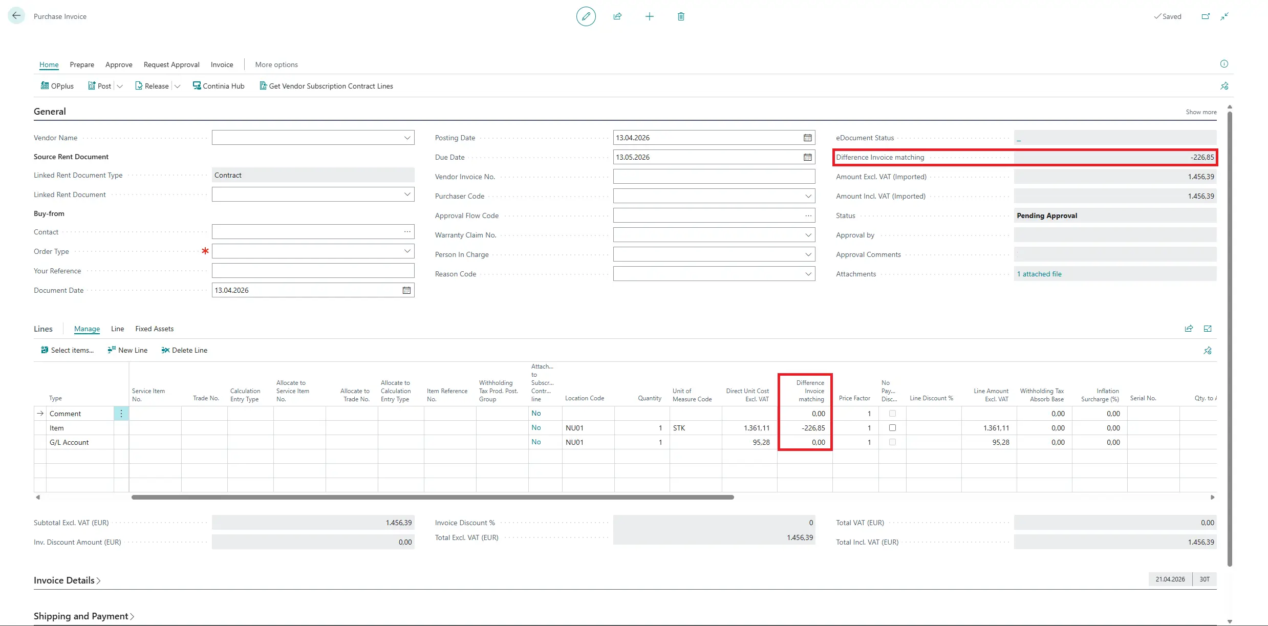 Difference Invoice Matching